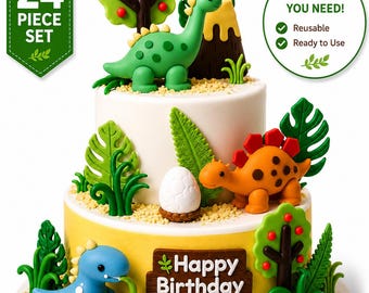 24 Piece Dinosaur Cake Topper Set | Dinosaur Birthday Decorations | Jurassic Party Cake Decor | Wild One Birthday