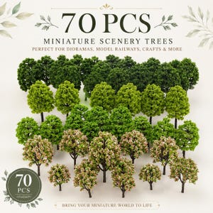 May include: A collection of 70 miniature scenery trees in various shades of green and pink. The trees are designed for dioramas, model railways, crafts, and more. The image includes text that reads "70 PCS" and "MINIATURE SCENERY TREES".