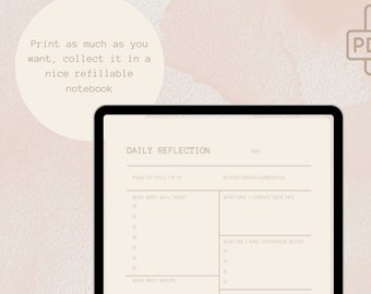 May include: A printable daily reflection journal with sections for "What went well today", "What I learned from this", "How can I make tomorrow better", and "Weekly emotions summary".