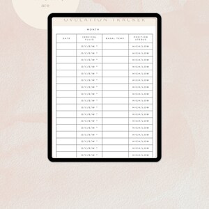 May include: A printable ovulation tracker with a white background and black text. The tracker includes columns for date, cervical fluid, basal temperature, and position of the uterus. The text "OVULATION TRACKER" is at the top of the page.