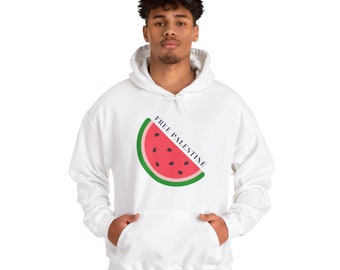 Unisex Heavy Blend™ Hooded Sweatshirt. "FREE PALESTINE" is Printed on Both Sides of Hooded Sweatshirt With Watermelon Image.