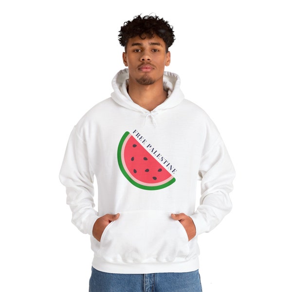 Unisex Heavy Blend™ Hooded Sweatshirt. "FREE PALESTINE" is Printed on Both Sides of Hooded Sweatshirt With Watermelon Image.