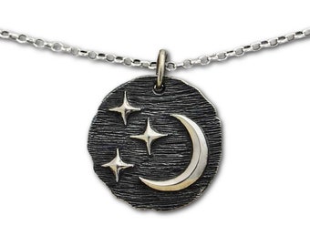 Crescent Moon and Stars Necklace, Womens Sterling Silver Jewelry, Celestial Pendant, Lunar