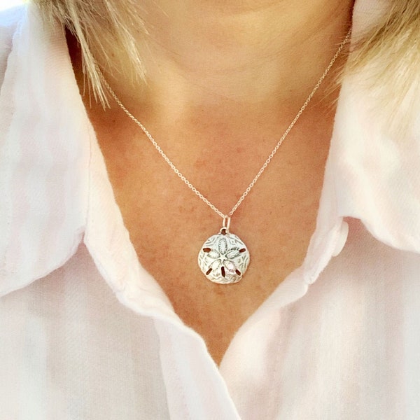 Sand Dollar Necklace - sterling silver round charm, gift for best friend, summer beach jewelry