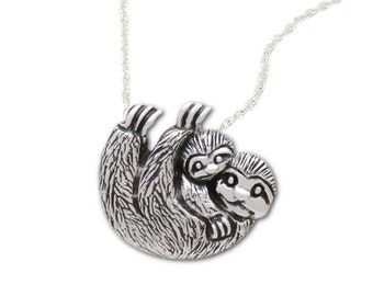 Mama Sloth with Baby Necklace for women, sterling silver pendant necklace, Mothers Day Gift for Her