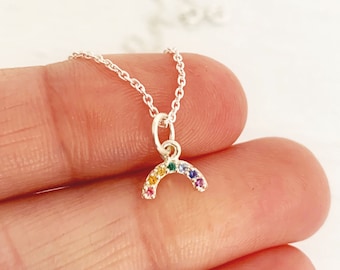 Tiny Rainbow necklace for women or girls, sterling silver necklace with colorful crystals, Mothers Day Gift, Pride Month, Promise