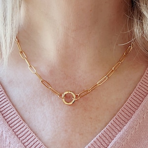 Stainless Steel Paperclip Chain with Circle Charm Holder, Extender, Lobster Clasp, Modern Design 18k Gold Coated, Silver, Necklace, Bracelet image 2
