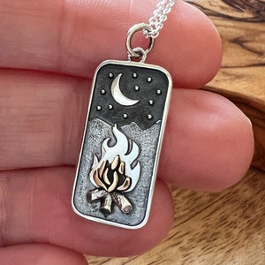 Sterling Silver Campfire Necklace: Moon, Stars, Mountain Night Scene