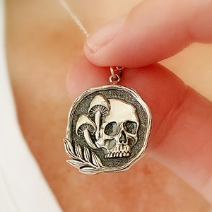 Sterling Silver Mushroom Skull Necklace: Gothic Memento Mori Pendant