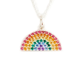 Rainbow necklace for women, sterling silver necklace with colorful crystals, pride month gift, promise