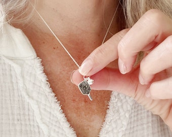 Pickleball Necklace, Sterling Silver Jewelry Womens Gifts, Girls or Womens Pickleball Gifts, Pickleball Paddle and Ball Charms, Mothers Day