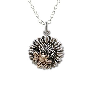 Sunflower with Bronze Bee Necklace, Gift for her, Sterling Silver Necklace for Woman, Flower Gardener Jewelry, Mothers Day Gift, Easter