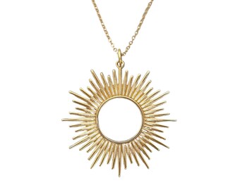 Large Sun Necklace, womens eclipse jewelry, bronze charm, solar sunburst, spikey, great for layering, statement, mothers day gift for her