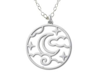 Moon Stars and Clouds Necklace for Women, large sterling silver open pendant, Cloudy Night, Crescent Moon, Outdoors, Starry Sky, Lightweight