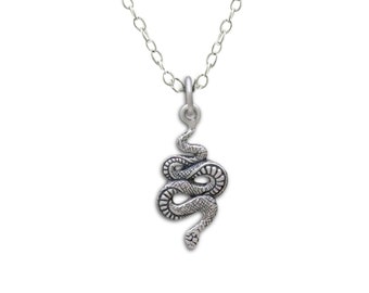 Small Textured Sterling Silver Snake Charm Necklace, Mens or Womens Jewelry, Symbol of Rebirth and Protection