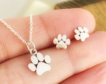 Paw Print Necklace and Earring Set, womens or girls sterling silver jewelry for dog mom or cat mom, gift set