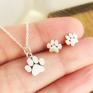 Paw Print Necklace and Earring Set, womens or girls sterling silver jewelry for dog mom or cat mom, gift set image 1