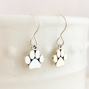 Paw Print Earrings, sterling silver dog or cat jewelry for women or girls, dangle, miniature earrings, silver earrings