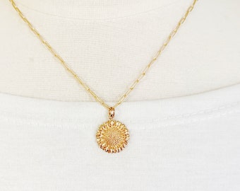 Yellow sunflower necklace, womens jewelry, gift for girl best friend, farmhouse flower necklace, bronze, paperclip chain, Mothers Day Gift