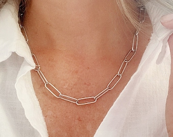 PaperClip Necklace or Bracelet, Womens Trendy Jewelry, Stainless Steel, Chain Link, Choker, Long or Short Layering Necklace, Silver