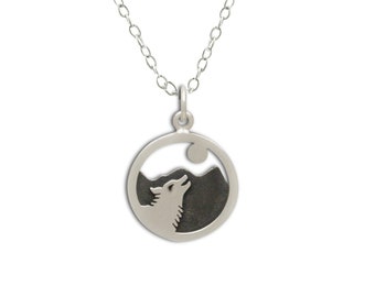 Howl at the Moon Wolf Necklace, Leader of the Wolf Pack Gift, Sterling Silver Necklaces for Women or Men, Girls or Boys, Mountain Range