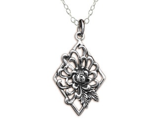 Chrysanthemum Flower Necklace, 28mm x 15mm, Diamond Frame Pendant, Gift for Her, Symbol of Hope, November Birth Month Flower
