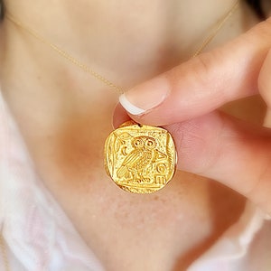 Gold Athena Owl Coin Necklace: Greek Mythology Pendant