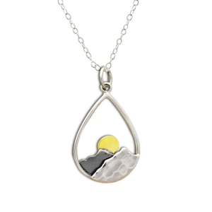 Teardrop Mountain Necklace: Sterling Silver, Bronze Sun, Wanderlust Jewelry