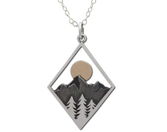 Sterling Silver Mountain Necklace: Bronze Sun, Diamond Frame