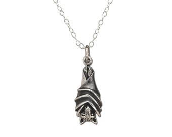 Bat Necklace, Sterling Silver Charm, Halloween Jewelry, Womens Necklace, Mens, 3D Hanging Bat