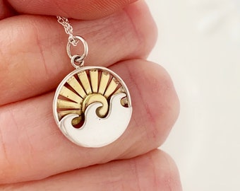 Waves and Sun Necklace for Women, Wanderlust Jewelry Gift, Sterling Silver Ocean Waves, Bronze Sun Rays Charm Necklace, Nature, Surf Gift