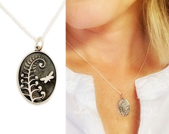 Fern and Butterfly Necklace, Plant Lady Gift, Womens Sterling Silver Jewelry, Oval Pendant