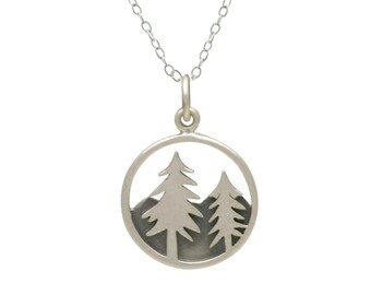 Sterling Silver Pine Tree necklace with Mountain Range, Wanderlust Jewelry, Nature Inspired, Outdoor Adventure Hiking Gift, Mother Day Gift