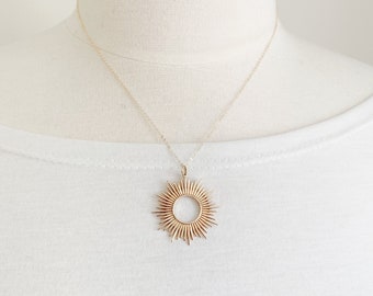 Large Sun Necklace, womens eclipse jewelry, bronze charm Gold necklace, solar sunburst, spiky, great for layering, statement solara eclipse