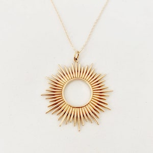 Large Sun Necklace, womens eclipse jewelry, bronze charm Gold necklace, solar sunburst, spiky, great for layering, statement solara eclipse