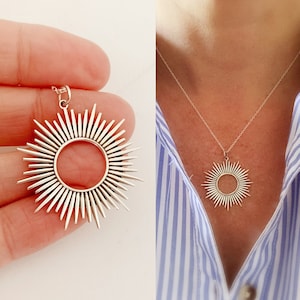 Large Sterling Silver Sun Necklace, Womens Eclipse Jewelry, Solar Sunburst, Spikey Statement Pendant, Mothers Day Gift, Solar Eclipse