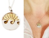 Waves and Sun Necklace for Women, Wanderlust Jewelry Gift, Sterling Silver Ocean Waves, Bronze Sun Rays Charm Necklace, Nature, Surf Gift