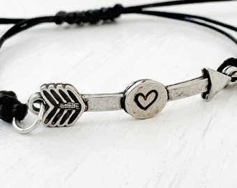 Adjustable Arrow Bracelet, Black Cord, Mens Womens Jewelry, Heart, Symbol Customization, Personalize with Initial or Number.