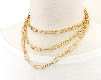 PaperClip Necklace, Womens Trendy Jewelry, Matte Gold Finish Chain Link, Choker, Long or Short Layering Necklace Set