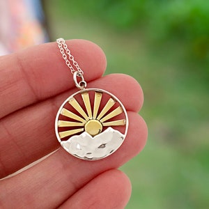 Large Round Sterling Silver Mountain Necklace with Bronze Sun Rays, Handcrafted Women&#39;s Statement Pendant, Sun Lover, Hiking Gift for Her
