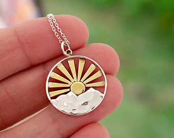 Large Round Sterling Silver Mountain Necklace with Bronze Sun Rays, Handcrafted Women's Statement Pendant