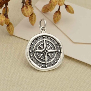 Sterling Silver Compass Pendant, Travel Wanderlust Jewelry, North Star Charm, 22mm x 16mm