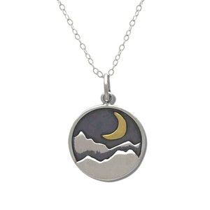 Mountain Necklace with Crescent Moon Necklace, Womens Sterling Silver Jewelry, gift for hiker or camper, pendant