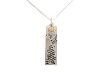 Mountain Necklace with Moon and Pine Tree, Sterling Silver Necklace for Woman, Inspirational Outdoor Gift, Mothers Day