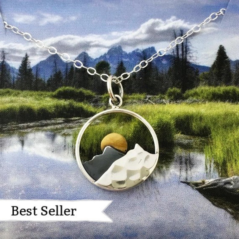 16 Inch Mountain Necklace, Ready to Ship Necklaces for Women, Wanderlust Jewelry, Mountain Range with Sun, Mothers Day Gift, Earth Day image 1