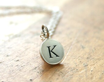 Sterling silver small round initial necklace, womens personalized jewelry, kids initials, uppercase letter, minimalist gift for her
