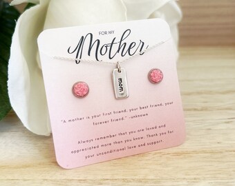 Dainty Mom Necklace and Pink Earring Set, Sterling Silver Small Rectangle Tag Charm, Mothers Day Gift for New Mom, Birthday Gift for Her