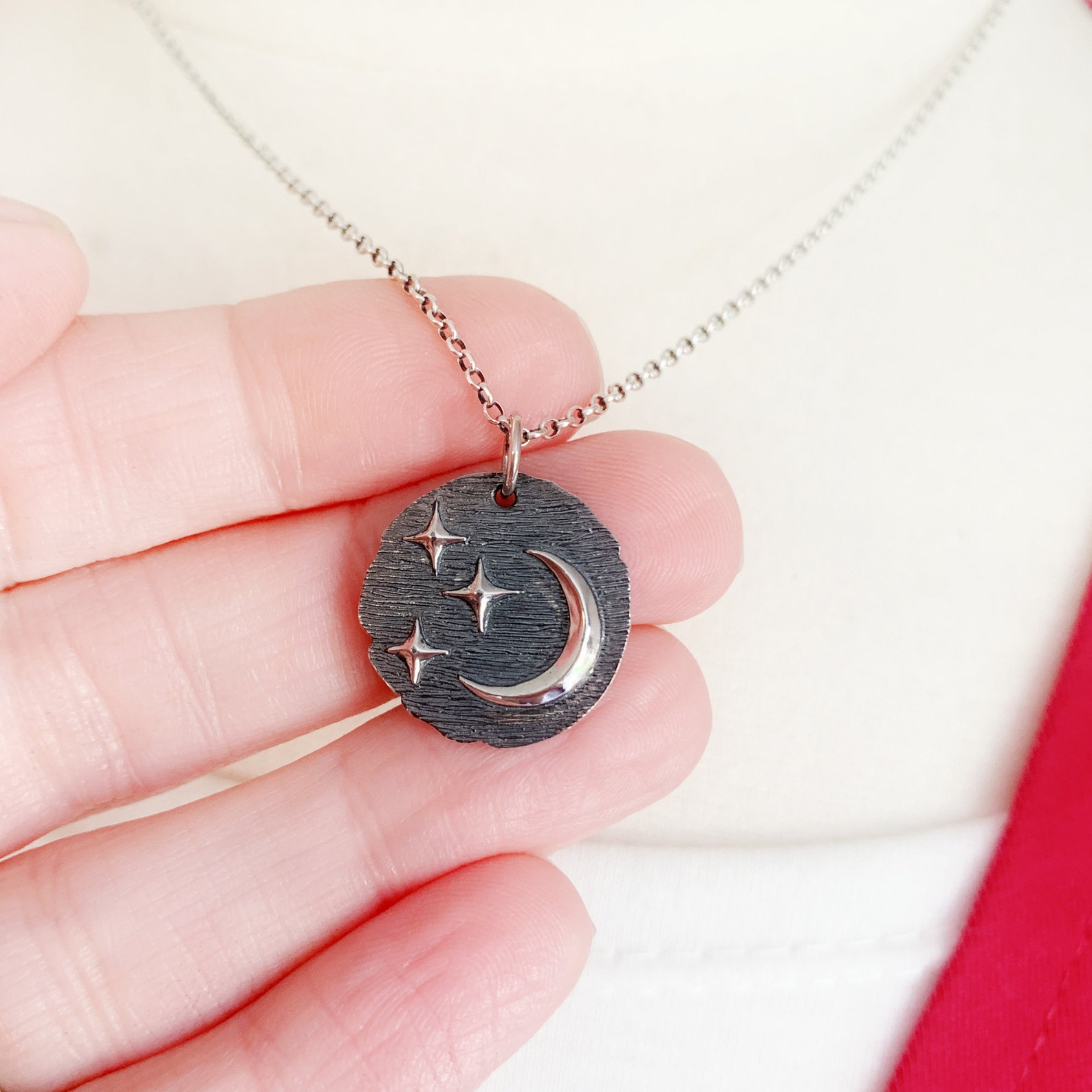 Crescent Moon and Stars Necklace Womens Sterling Silver - Etsy