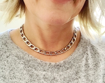 Large Link Necklace with Lobster Clasp, Womens Trendy Jewelry, Stainless Steel Heavy Chain Link Choker Long or Short Statement, Mens