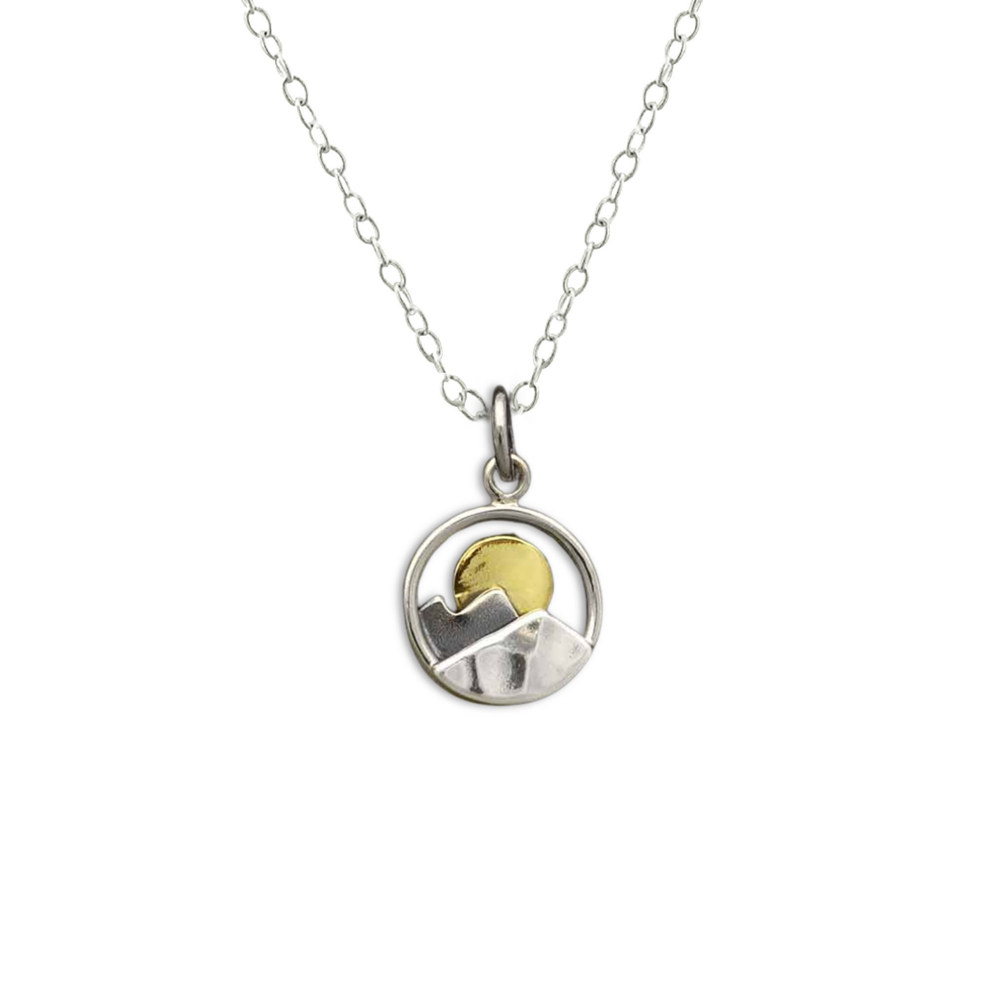 Sterling Silver Mountain Necklace: Bronze Sun, Wanderlust Jewelry